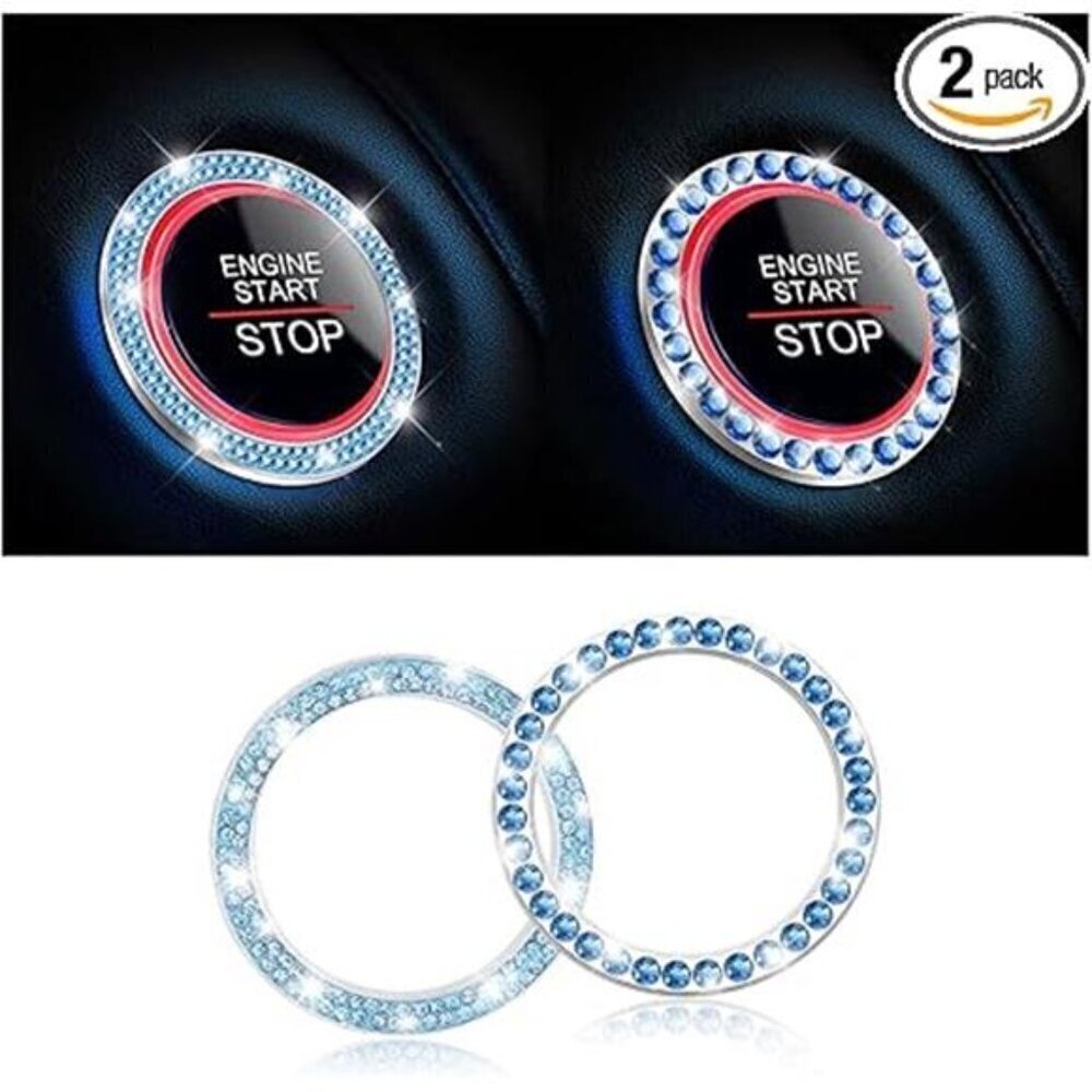 Car Start Button Bling Rhinestone Diamond Engine Button Ring 2-Pack Blue - Picture 8 of 8